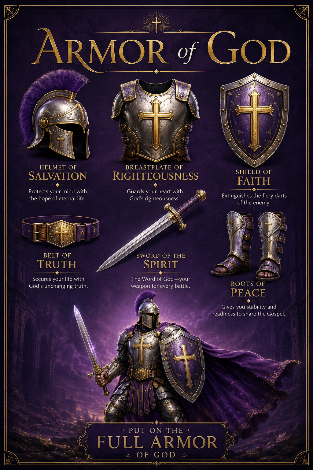 Armor of God illustration showing helmet of salvation, breastplate of righteousness, shield of faith, belt of truth, sword of the spirit, and boots of peace